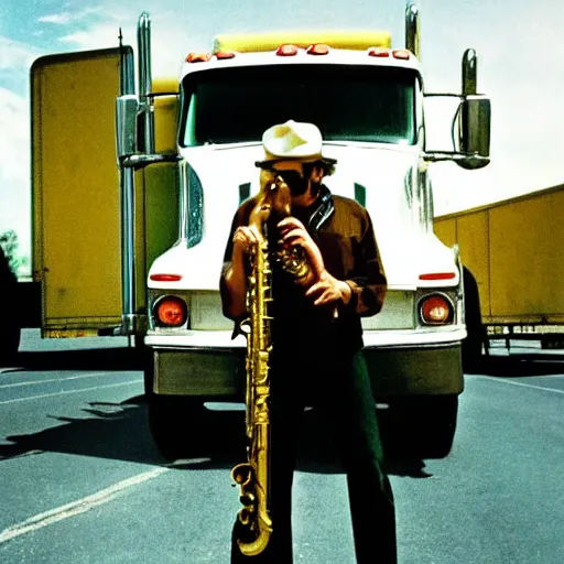 Image similar to 7 0's b - move scene the musical trucker, a trucker playing the saxophone inside his big rig as it drives off the side of a highway