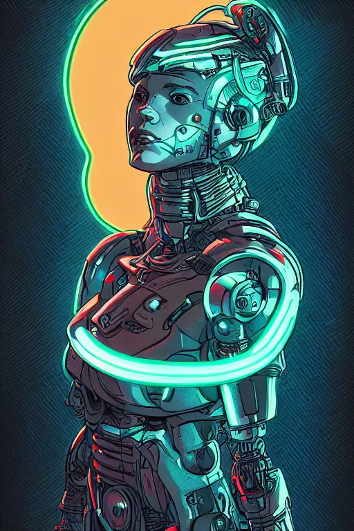 Prompt: portrait of a cyborg girl with a ribbed biomechanic armor and neon light, illustrated by Laurie Greasley and Michael Whelan , crepy ambiance, highly detailed, trending on artstation