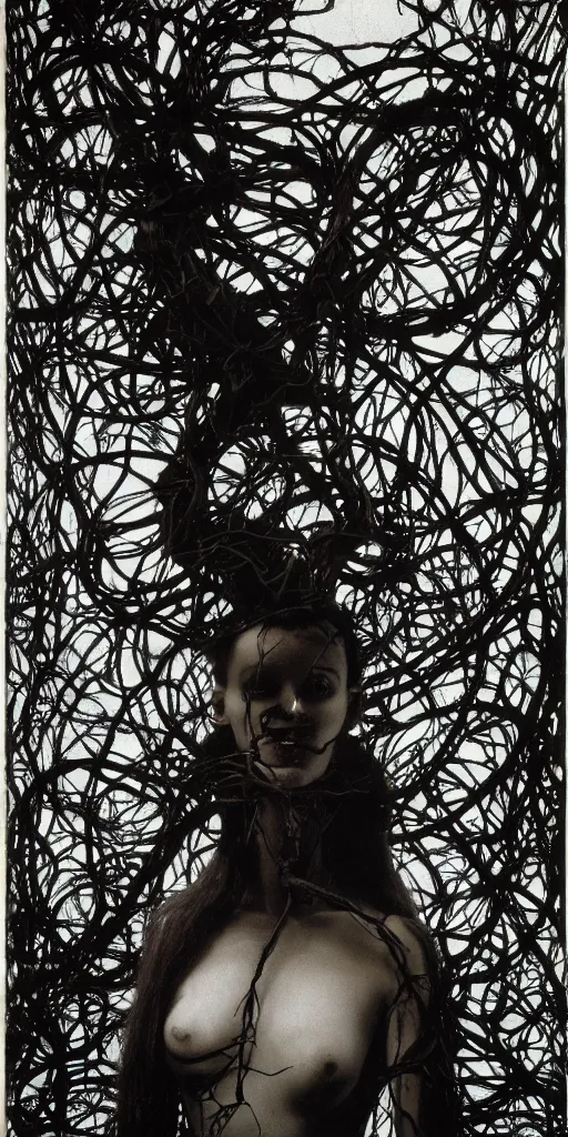 Prompt: portrait, sorceress, gripped by vines and veins, occult, robotic bust, body ribs meshes,, volumetric light, vespertine, honeysuckle, rim light, by dora maar and richard avedon, gothic, gothique, 8 k