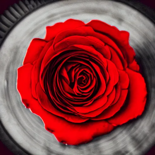 Image similar to red roses, laying on a vinyl record, dark photo, faded, noir