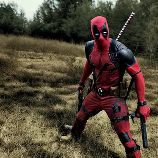Image similar to deadpool in the walking dead 4 k detailed super realistic