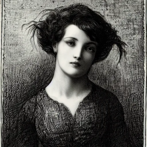 Image similar to extreme close-up, black and white, portrait of a young french woman, marie laforet, Gustave Dore lithography