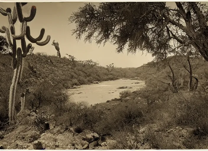 Prompt: Overlook of a river running through a dry forest with cactus in the foreground, albumen silver print by Timothy H. O'Sullivan.