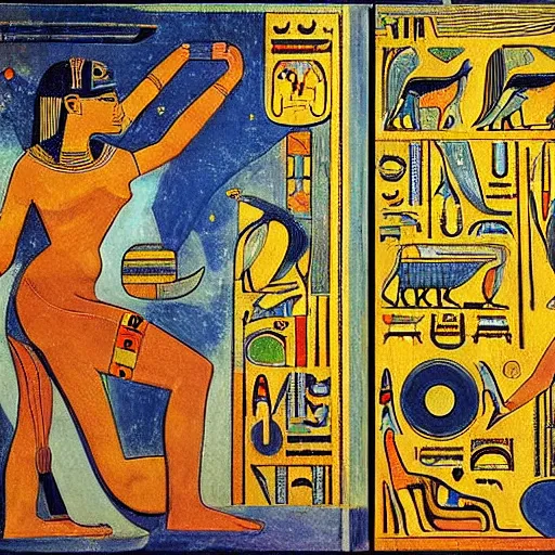 Prompt: A assemblage. A rip in spacetime. Did this device in her hand open a portal to another dimension or reality?! Egyptian hieroglyphs by Edward Atkinson Hornel, by Paul Ranson, by Jan Frans van Bloemen monumental, brash