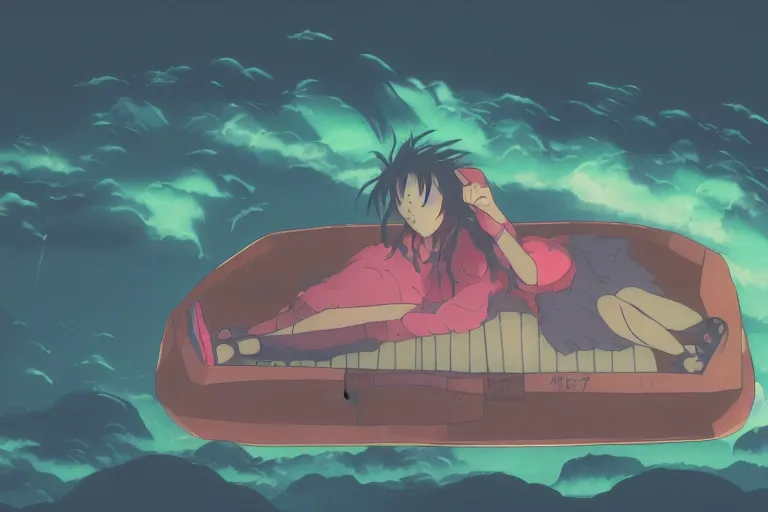 Image similar to anime woman sleeping on a raft, misty, night time, storm in distance, wide angle, by studio ghibli, anime, hazy, foggy, ambient lighting, 8 k, neon, synthwave,