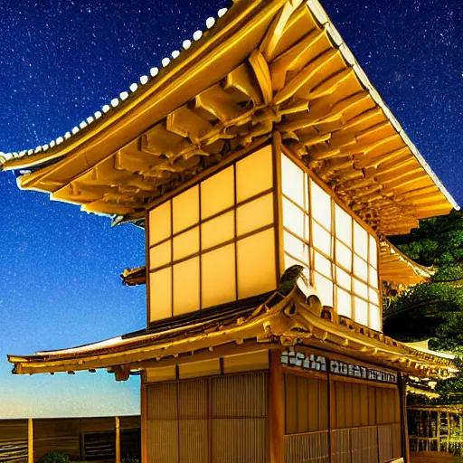 Prompt: An old traditional Japanese house by masashi kishimoto, a bright night sky