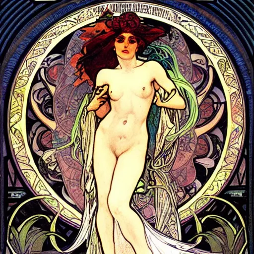 Image similar to persephone as godess of deth, painted by alphonse mucha