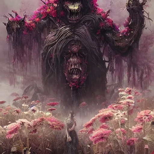 Image similar to a beautiful terrifying monster made out of flowers. ethereal horror fantasy art by greg rutkowski