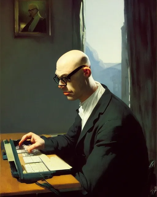 Prompt: a bald round - faced hairless male hacker with glasses at the computer. fantasy art by greg rutkowski, gustave courbet, rosa bonheur, edward hopper. faithfully depicted facial expression, perfect anatomy, sharp focus, global illumination, radiant light, detailed and intricate environment, trending on artstation