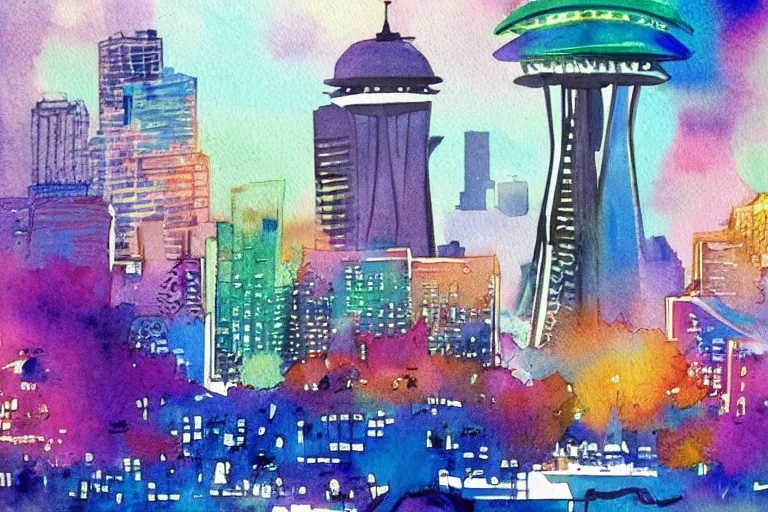 Image similar to !! watercolor!! seattle in a sunny day, artwork by tooth wu, colorful contrast,!!!! very coherent!!!!, dark shadow, thick lineart