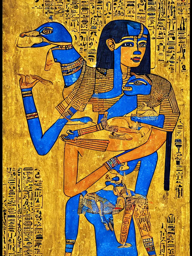 Image similar to photorealistic portrait of a beautiful female ancient Egyptian goddess holding Anubis the dog in her arms, Hieroglyphs are written on the background, and blue lotus grows at her feet, photography 50mm f1.4, bokeh, kodak ektar