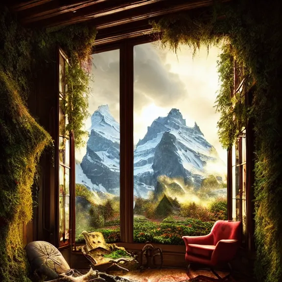 Image similar to fantastical living room with switzerland landscape in the window by marc adamus, beautiful dramatic lighting, overgrown with funghi, style by peter deligdisch, peterdraws