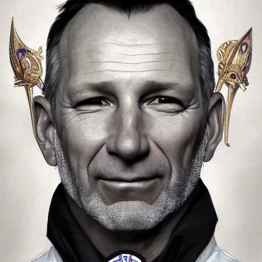 Image similar to beautiful portrait of hockey coach Clint Malarchuk, fantasy, intricate, elegant, highly detailed, digital painting, artstation, concept art, smooth, sharp focus, luxury fashion illustration, art by artgerm and greg rutkowski and alphonse mucha, brightly lit cinematic soft lighting, photorealistic