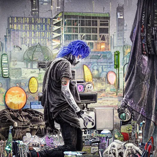 Prompt: cyberpunk goth homeless man cyborg playing a cyberpunk moog synthesizer at cyberpunk farmers market by william barlowe and pascal blanche and tom bagshaw and elsa beskow and enki bilal and franklin booth, neon rainbow vivid colors smooth, very fine high detail 3 5 mm lens photo 8 k resolution