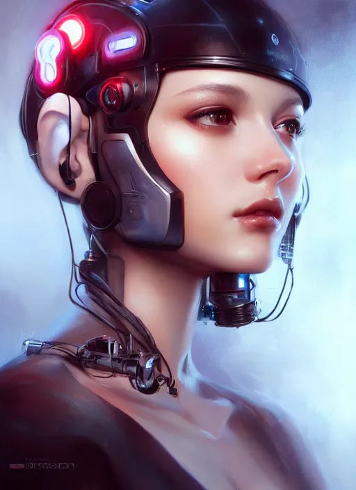 Image similar to a beautiful woman wearing a cybernetic headset, painted by artgerm and tom bagshaw, fantasy art, dramatic lighting, highly detailed oil painting