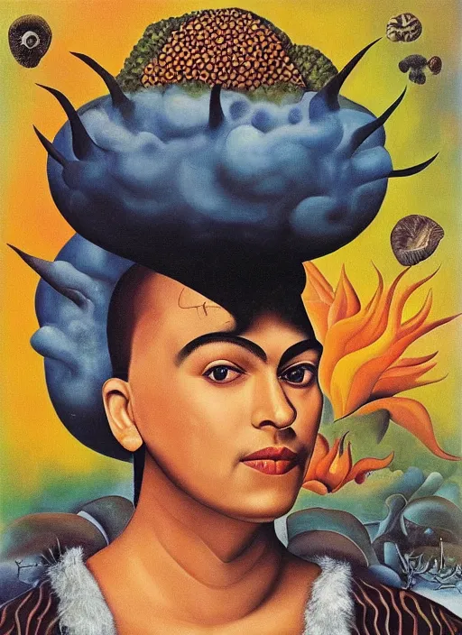 Prompt: 8 0 s new age album cover depicting a mushroom cloud in the shape of guy fieri, very peaceful mood, oil on canvas by frida kahlo