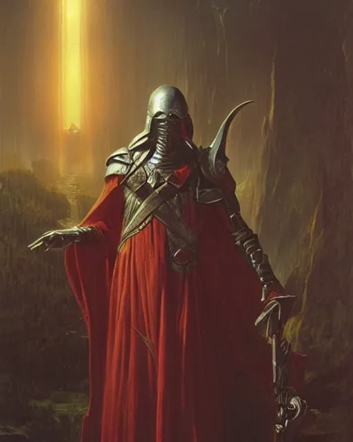 Prompt: A wizard. He has a very menacing expression. he wears robes and armour. Award winning oil painting by Thomas Cole and Wayne Barlowe. Highly detailed