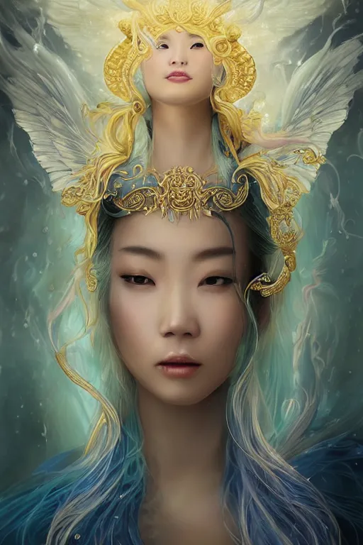 Prompt: a beautiful young Asian woman, Queen of the Sea Mu Yanling, long flowing white hair, blue and yellow robe that resembles floating wings, water flowing and floating around, young female face, liquid magic, cinematic top lighting, insanely detailed and intricate, face by wlop, Charlie Bowater, golden ratio, symmetrical proportions, elegant, ornate, luxury, elite, matte painting, MTG, magic the gathering, trending on artstation, cinematic, cgsociety, 8k, high resolution,