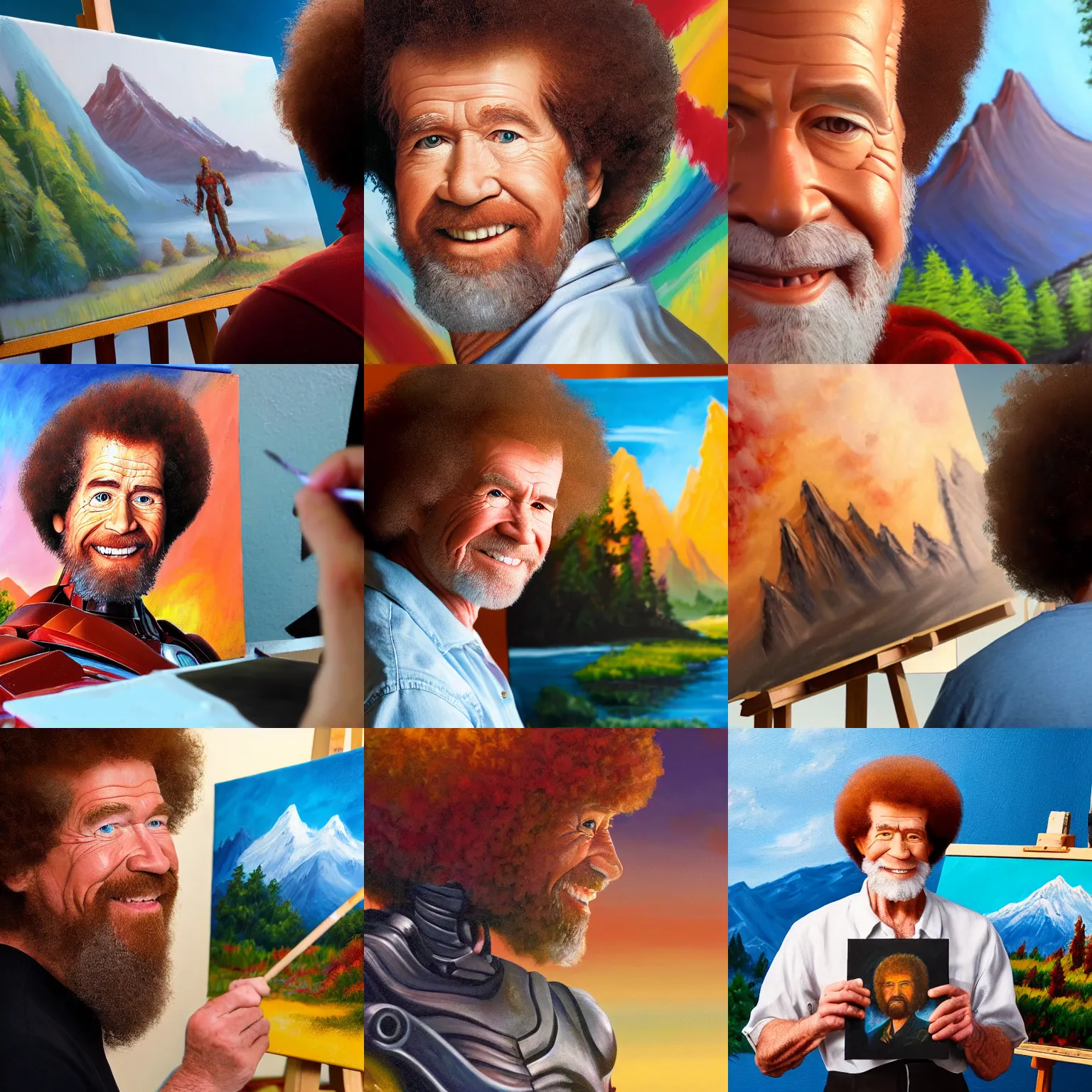 Prompt: a closeup photorealistic photograph of bob ross at his studio working on a canvas painting of iron man. mountain scape. film still, vibrant colors. this 4 k hd image is trending on artstation, featured on behance, well - rendered, extra crisp, features intricate detail, epic composition and the style of unreal engine.