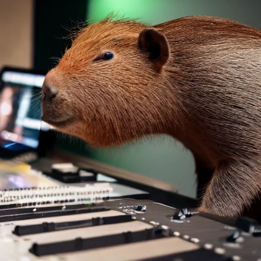 Prompt: Capybara DJing at a club, HD photograph, award-winning