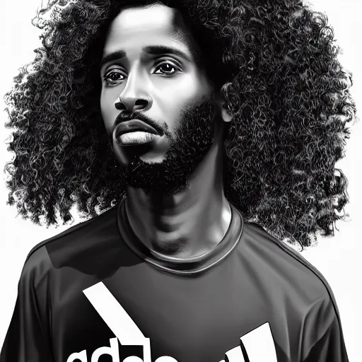 Image similar to a somali man with long curly hair, dressed in adidas clothing, intricate, elegant, highly detailed, centered, digital painting, smooth, cinematic