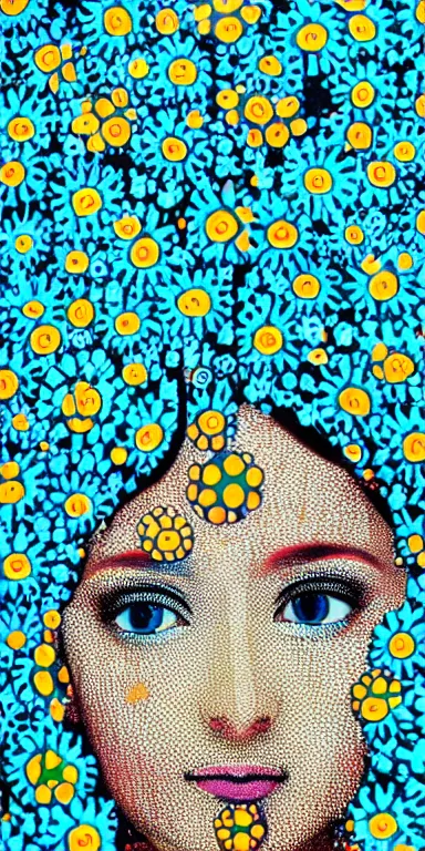 Image similar to centered front face portrait cyberpunk girl, clear blue sky vintage style, wrapped in flowers and wired, in the style of yayoi kusama, sigma 8 5 mm f 1. 8