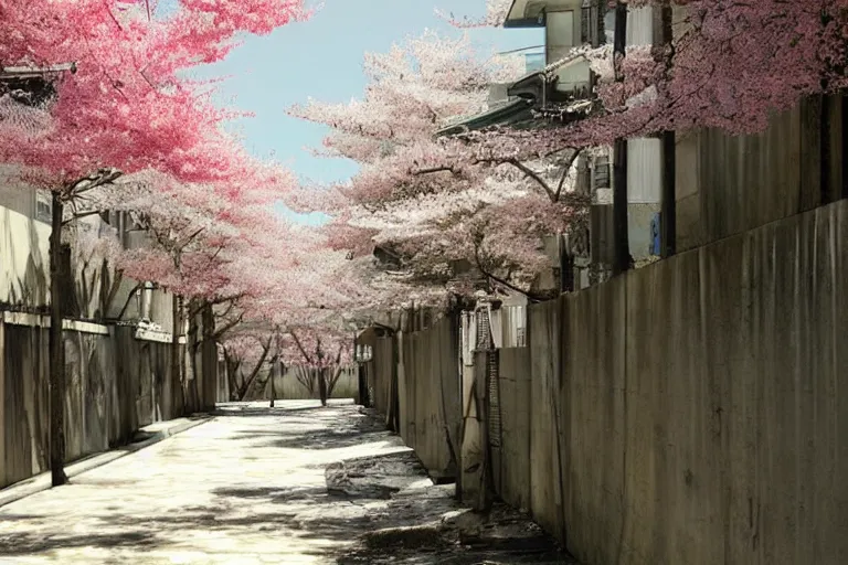 Image similar to beautiful Japanese anime alleyway with sakura trees, art by Vincent Di Fate, rule of thirds