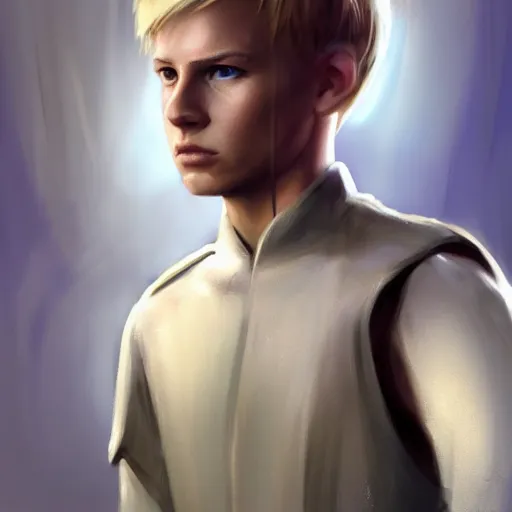 Image similar to a young blonde male jedi with short hair looking away at a threat full body shot concept art by Doug Chiang cinematic concept art, realistic painting, high definition, digital art, matte painting, symmetrical, very detailed, realistic, dramatic lighting, cinematic, establishing shot, extremely high detail, photo realistic, cinematic lighting, post processed, concept art, artstation, matte painting, red color scheme