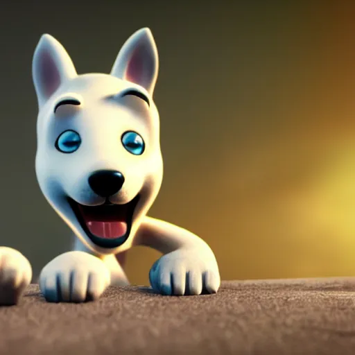 Image similar to tintin and his tiny white fox terrier, depicted as a pixar character, high quality cg render, 8 k