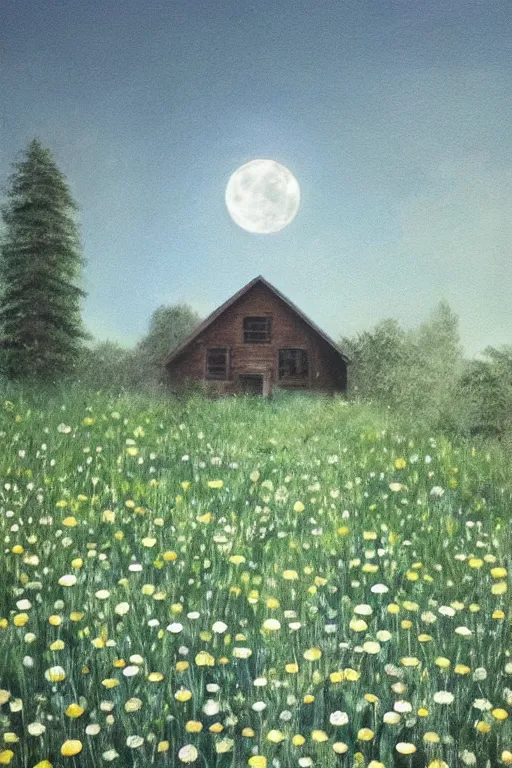 Image similar to night, the moon is shining!!!!!, chamomile field!!!!!, unfinished house!!!!!, shadows from trees, ( ( ( hyper realism ) ) )