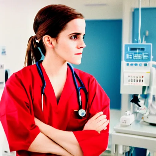 Image similar to emma watson, nurse scrubs, hospital, portrait, ponytail, mouth open, rolling eyes, head and shoulders, award winning, kodak ektachrome expired blue tint,