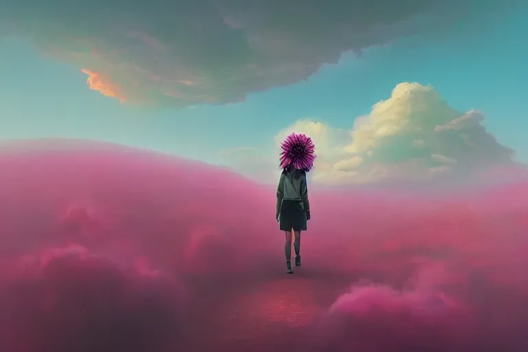 Image similar to giant dahlia flower, on head, girl walking on mountain, surreal photography, pink storm clouds, dramatic light, impressionist painting, digital painting, artstation, simon stalenhag