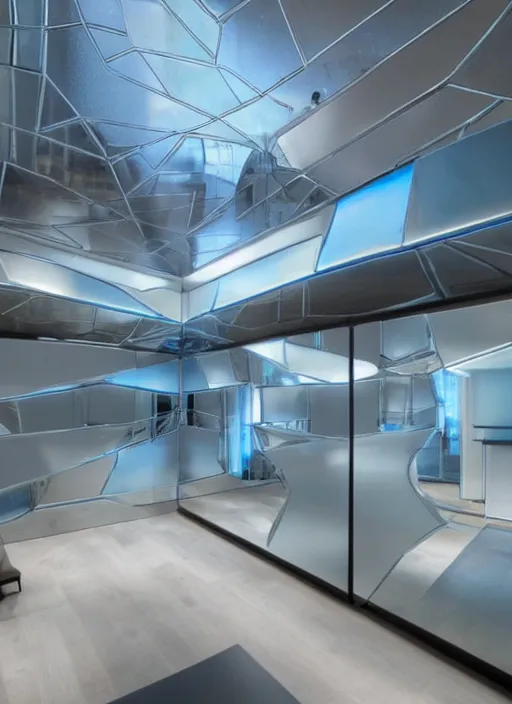 Image similar to a futuristic sci - fi room with mirrored walls