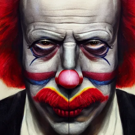 Image similar to UHD hyperrealism painting of Bruce Willis dressed as a clown, wearing clown makeup, by Antonio Caparo and Ferdinand Knab and Greg Rutkowski, UHD, photorealistic, trending on artstation, trending on deviantart, correct face, real clown makeup