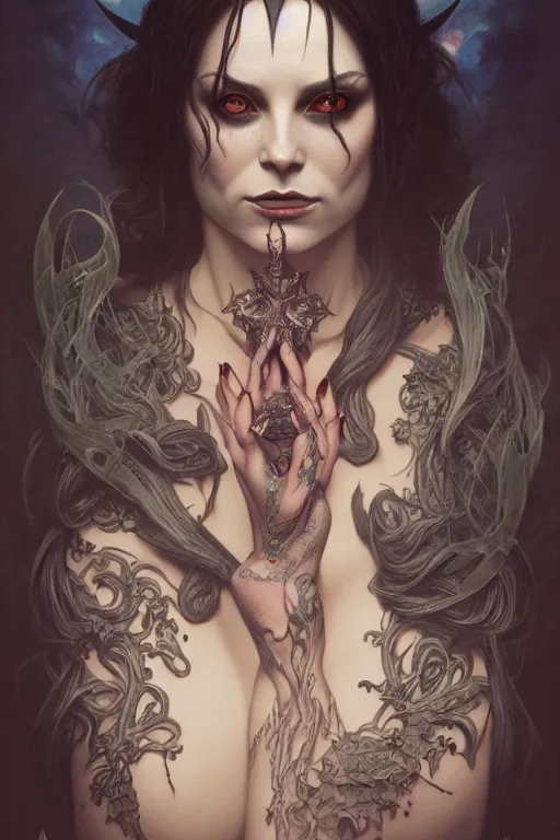 Image similar to portrait of a satanic witch, tattooed face, upper body, decorated, intricate, elegant, highly detailed, digital painting, artstation, concept art, smooth, sharp focus, illustration, art by artgerm and greg rutkowski and alphonse mucha, 8 k