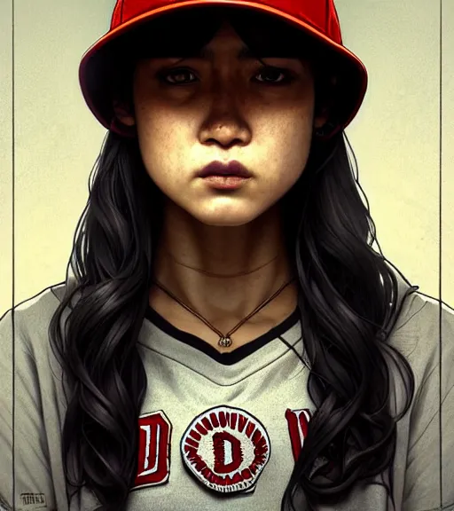 Prompt: symmetry badass clementine from the walking dead wearing her iconic baseball letter d hat angry, ultra detailed, intricate, anime, dynamic lighting, digital art, digital painting, art station, wlop, sharp focus, illustration, art by artgerm and greg rutkowski and alphonse mucha