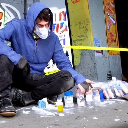 Prompt: Silicon Valley cryptobro on skid row using drugs at open air drug market overdose