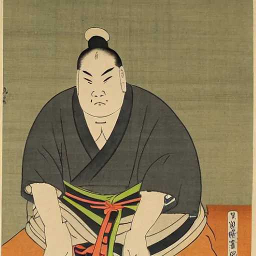 Prompt: edo period japanese print of a sumo wrestler using a computer
