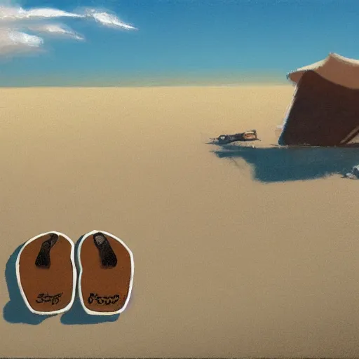 Prompt: a concept art of a pair of flip flops in the sand, by Craig mullins, Steve Purcell, Ralph McQuarrie. Centered image, no background