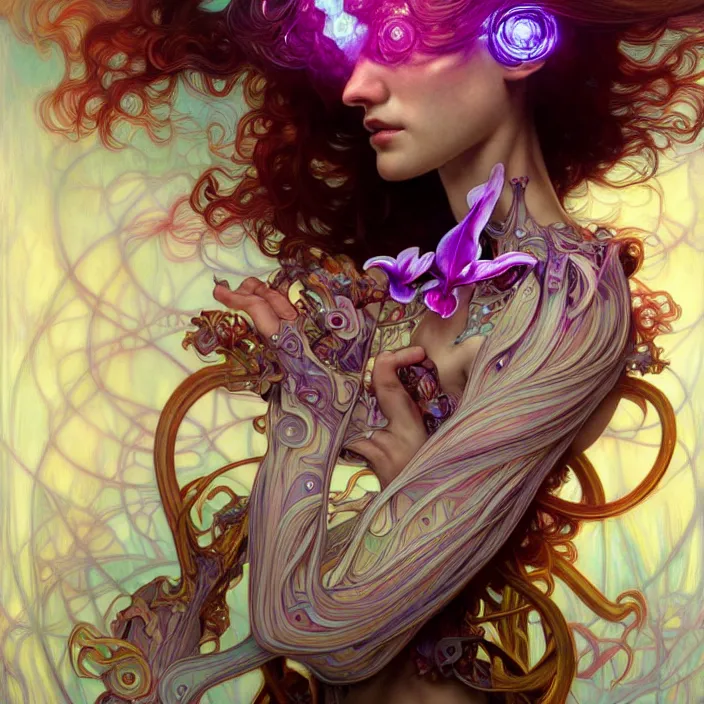 Prompt: malfunctioning psychedelic organic cyborg orchid, diffuse lighting, fantasy, intricate, elegant, highly detailed, lifelike, photorealistic, digital painting, artstation, illustration, concept art, smooth, sharp focus, art by John Collier and Albert Aublet and Krenz Cushart and Artem Demura and Alphonse Mucha