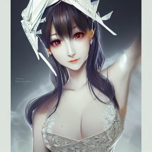 Prompt: the portrait of an absurdly beautiful, elegant, fashionable gravure idol made of white paper origami cranes, anime illustration by iralki nadar, extremely detailed intricate linework, detailed faces, smooth, super sharp focus, bright colors, high contrast, matte, octopath traveler, unreal engine 5 highly rendered, global illumination, radiant light