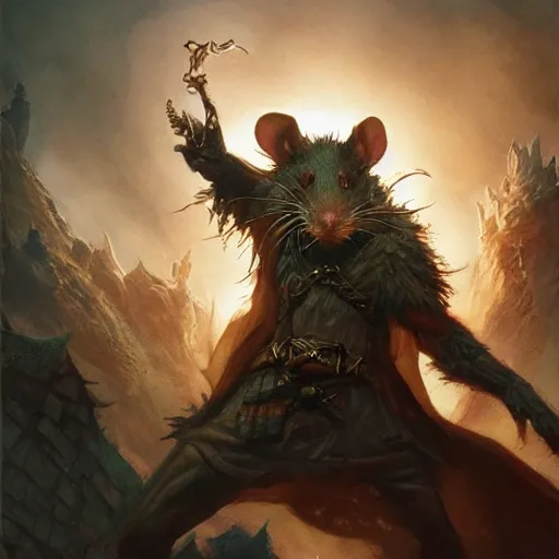 Prompt: Rat, Anthropomorphized, casting epic spell, magic the gathering artwork, D&D, fantasy, cinematic lighting, centered, symmetrical, highly detailed, digital painting, artstation, concept art, smooth, sharp focus, illustration, volumetric lighting, epic Composition, 8k, art by Akihiko Yoshida and Greg Rutkowski and Craig Mullins, heroic pose, oil painting, cgsociety, magic lab background