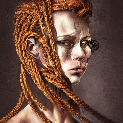 Image similar to portrait of a Shibari rope wrapped face and neck, headshot, insanely nice professional hair style, dramatic hair color, digital painting, of a old 15th century, roman soilder, amber jewels, baroque, ornate clothing, scifi, realistic, hyperdetailed, chiaroscuro, concept art, art by Franz Hals and Jon Foster and Ayami Kojima and Amano and Karol Bak,