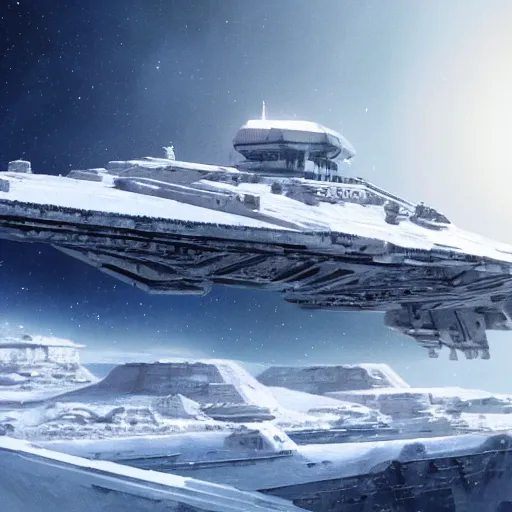 Prompt: a star destroyer looming over Hoth, artstation