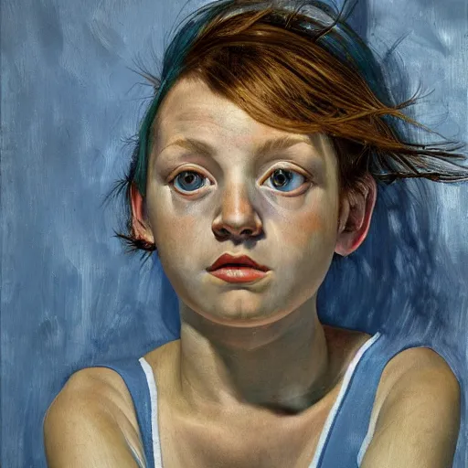 Image similar to high quality high detail painting by lucian freud, hd, blue hair girl portrait, photorealistic lighting