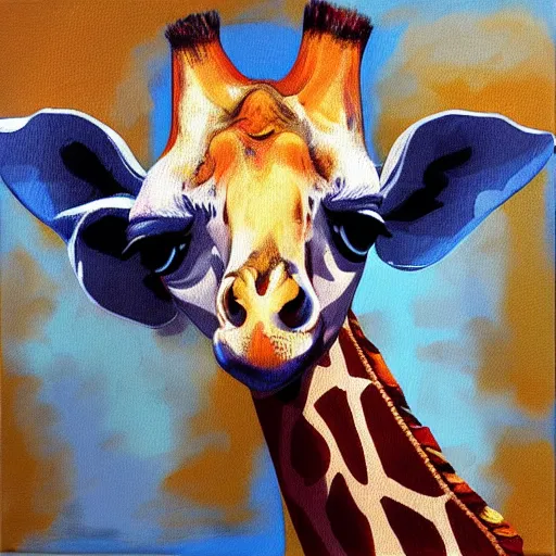 Prompt: giraffe with a blue scarf, canvas, painting by van gog