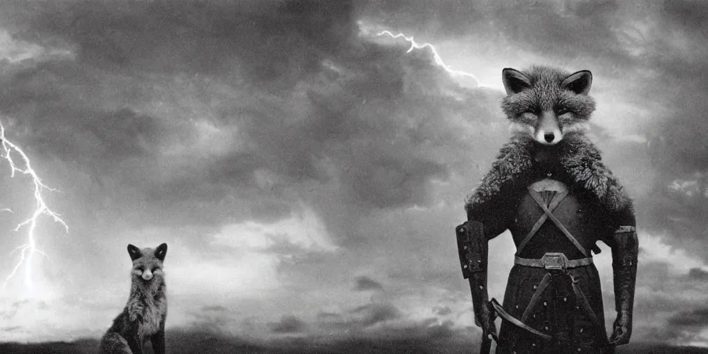 Image similar to anthropomorphic fox who is a medieval knight standing sternly in the middle of a huge thunderstorm 1 9 3 0 s film still, ladislas starevich