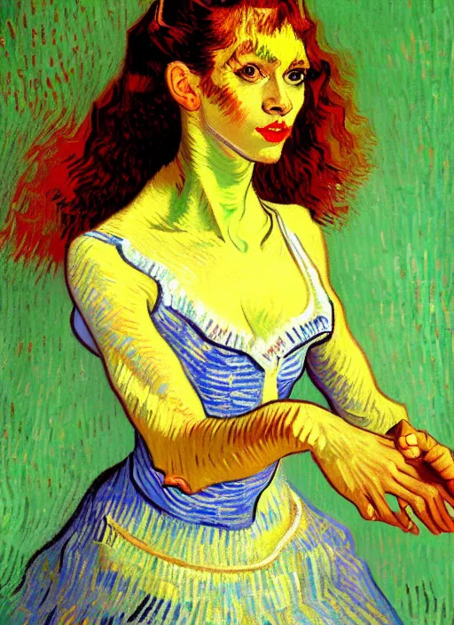 Image similar to !! portrait of a beautiful parisian dancer!!, detailed face, symmetrical painting, beautiful expressionist oil painting masterpiece, 8 k resolution, by van gogh, smooth, sharp focus, pastel color palette, trending on artstation