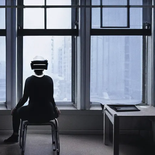 Image similar to photo of a woman in vr headset sitting in cyberpunk room behind the window, by annie leibovitz