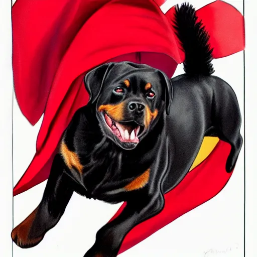 Image similar to Flying Rottweiler wearing a red cape, caricature